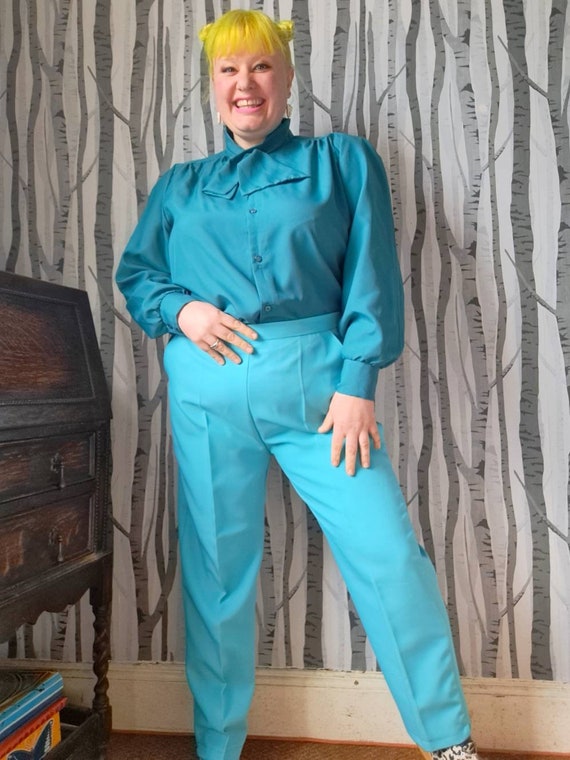 Plus size aqua blue, pleat front trousers. Vintag… - image 8