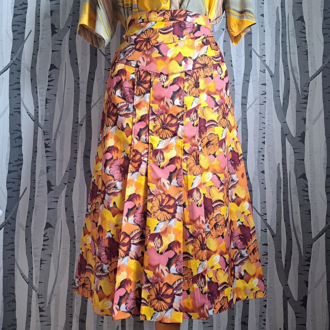 Vintage Cream Brown Novelty Graphic Print A-line Skirt 6 8 main image 1