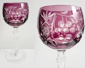 Rare Nachtmann Traube hand cut to clear plum purple lead crystal wine glass. Vintage German bohemian coloured crystal wine glass.