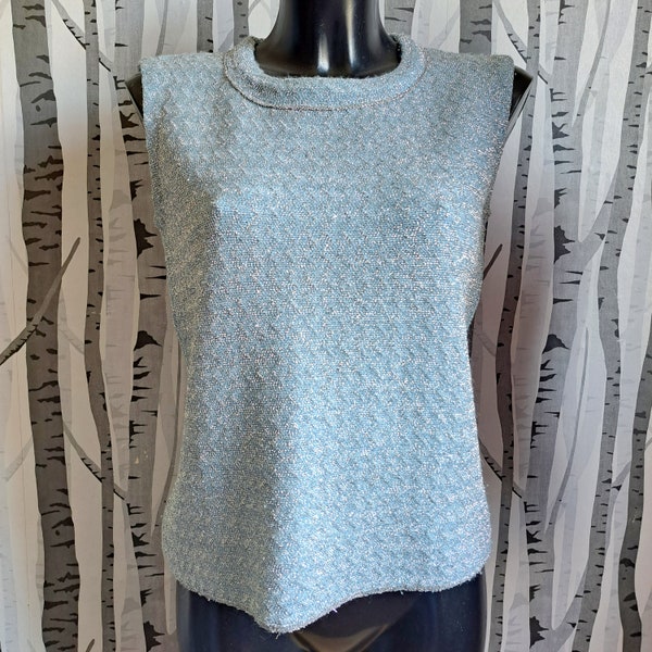 Ice blue and silver coloured 1960s  sleeveless sweater by Hutchisons. 60s glittery pullover made from Courtelle acrylic wool. UK size 10/12