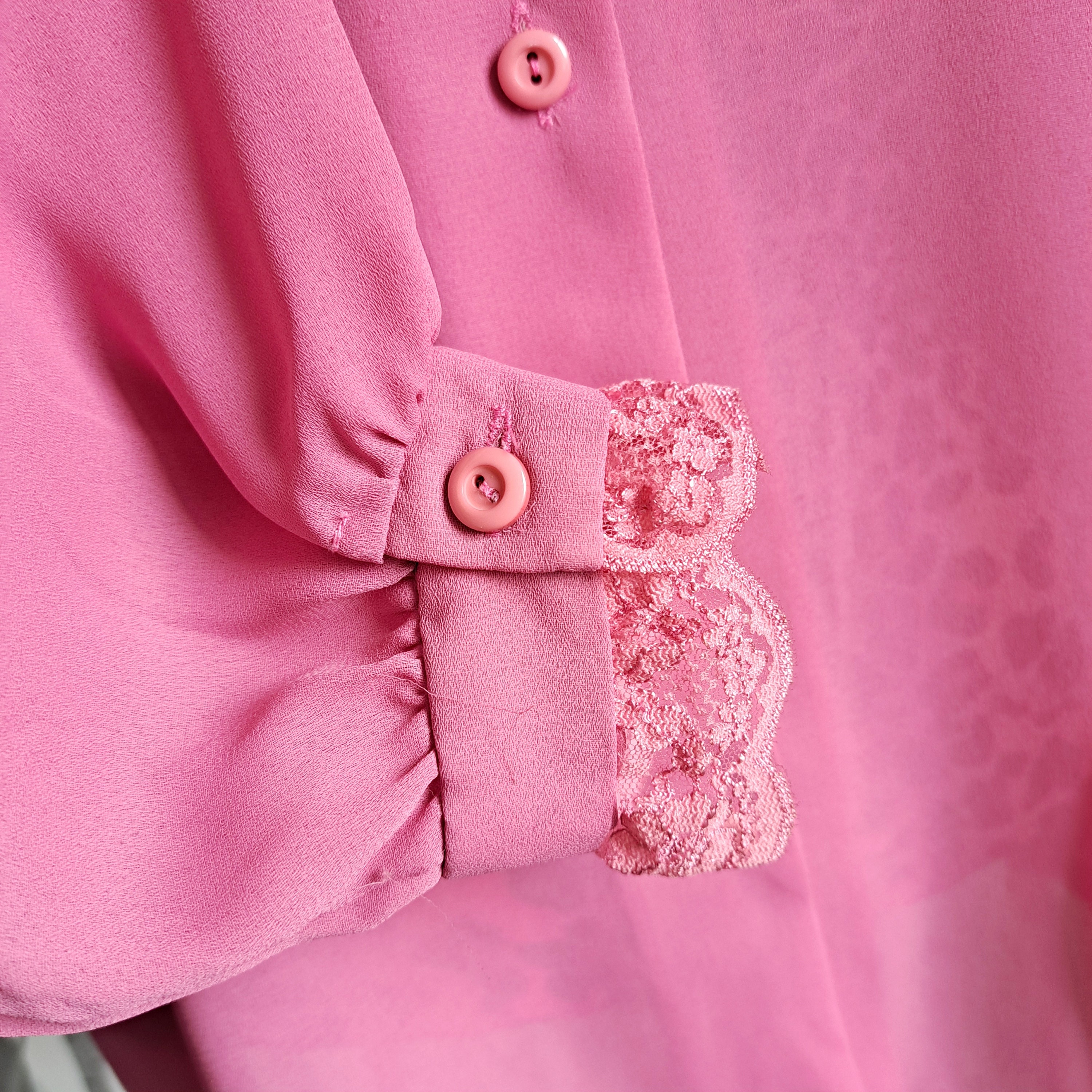 Vintage 70s Pink Ruffle Collar Blouse: Lace Frill Cuffs, UK Size 