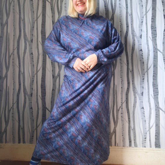 purple jersey maxi dress Vintage 80s Jersey Maxi Dress: Purple Blue, UK Size 18-22