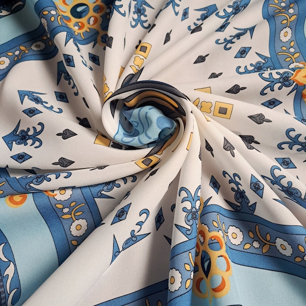 Baby blue 1970s ornate print vintage scarf by Movitex. French vintage 70s headscarf.