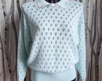 Sweet baby blue vintage 80s pullover with a pink ruffle frill collar. 1980s kawaii pastel jumper. UK size 12/14