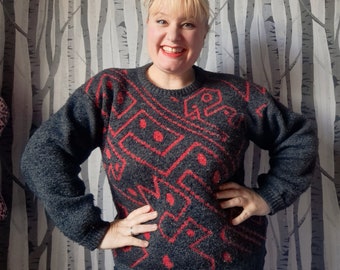 1980s vintage unisex jumper with a fun abstract pattern. Italian Lupo Uomo Red and charcoal grey 80s pullover.  Mens M or UK size 14/16/18