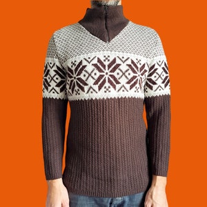 Vintage 1990s do the 70s, German wool blend knitted jumper by s.Oliver. Brown and white fair isle jumper with a snowflake design. Size S/M