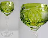 Rare Nachtmann Traube hand cut to clear olive green lead crystal wine glass. Vintage German bohemian coloured crystal wine glass.