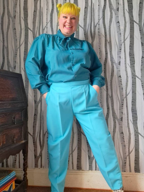 Plus size aqua blue, pleat front trousers. Vintag… - image 5
