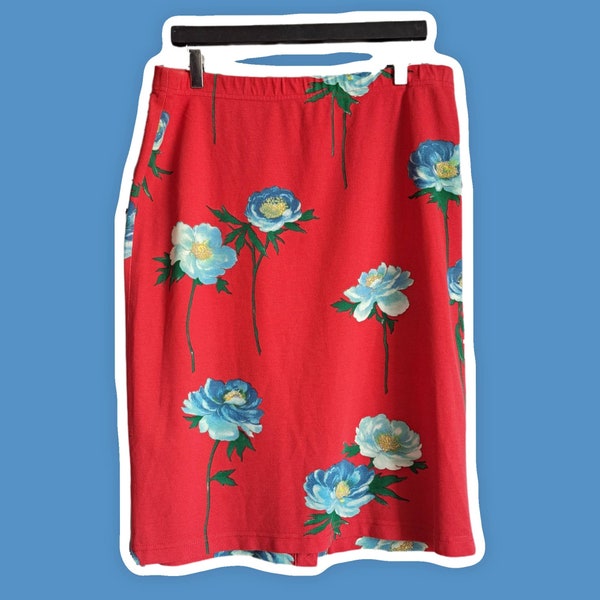 Lovely vintage bright red skirt with a blue flower print. Plus size 1980s vintage skirt, by Jantzen UK sizes 16/18