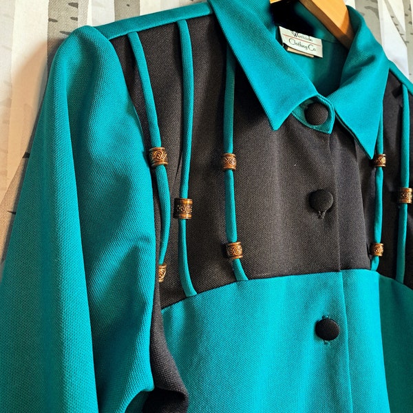 Gorgeous jewel teal and black vintage blouse. 1980s plussize deep turquoise shirt with bead details. UK Size 18/20
