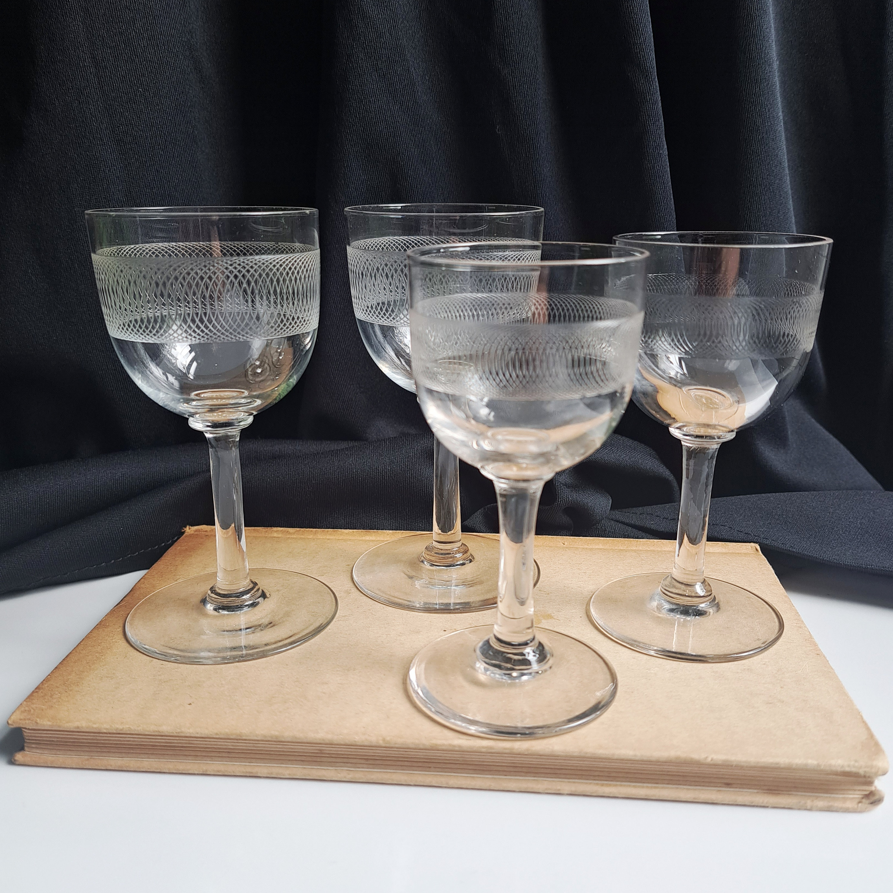 Vintage Crystal Glasses, Etched With Black Stem, Sherry Coupe