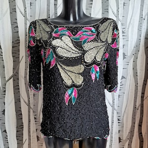 Pink, turquoise, black and silver sequin beaded short sleeved top with loose sleeves. 1980s vintage sequin sparkles disco top. UK size 8/10