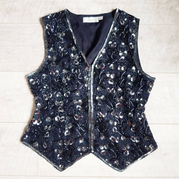 EU 3840 1980s Black Sequin /& Lace Waistcoat Size UK 1012 US 68