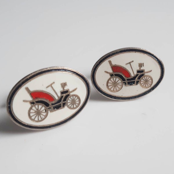 1950s does the 1920s vintage cufflinks with an enamel early car design. Midcentury mad men suit accessories.