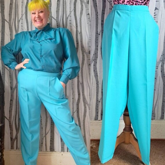 Plus size aqua blue, pleat front trousers. Vintag… - image 1