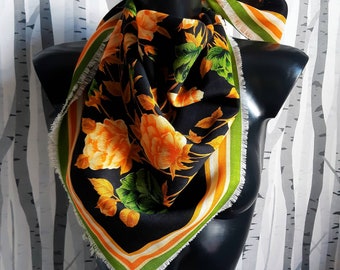 Vintage 1970s large square scarf in orange, green and black. 70s deadstock scarf with a handprinted rose pattern.