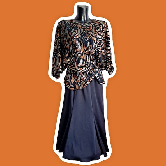 Vintage black, copper and silver 80s tinsel dress… - image 1