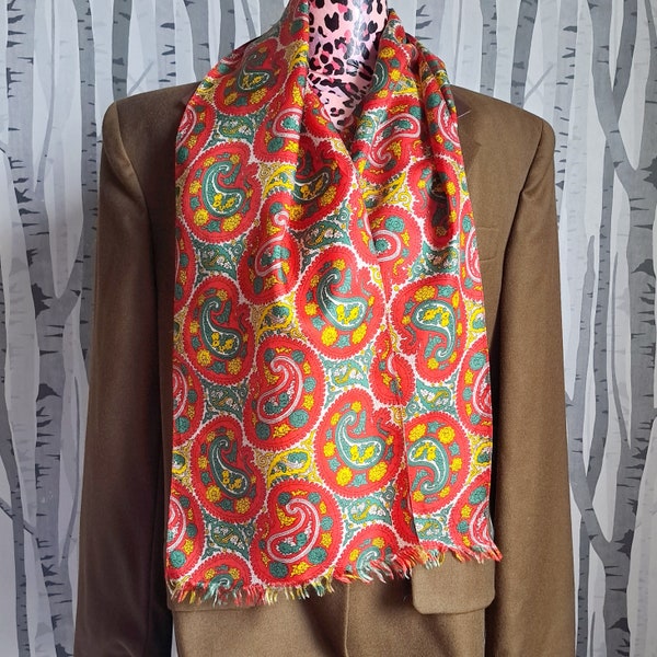 Vintage 60s gents red green and yellow psychedelic paisley mod scarf with fringe edges. 1960s gentleman's dress scarf.