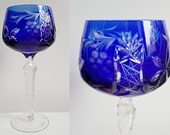 Rare Nachtmann Traube hand cut to clear, deep ink blue lead crystal wine glass. Vintage German bohemian coloured crystal wine glass.