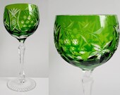 Rare Nachtmann Traube hand cut to clear lush green lead crystal wine glass. Vintage German bohemian coloured crystal wine glass.