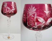 Rare Nachtmann Traube hand cut to clear cranberry lead crystal wine glass. Vintage German bohemian coloured crystal wine glass.