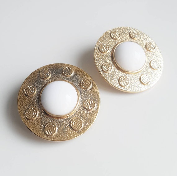 White enamel and gold plated clip on earrings by … - image 2