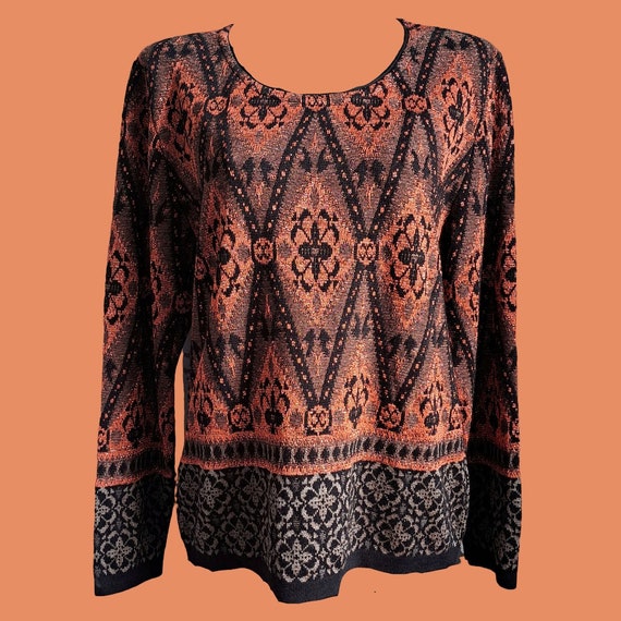 Sparkly vintage 1990s sweater in rusty orange and… - image 1