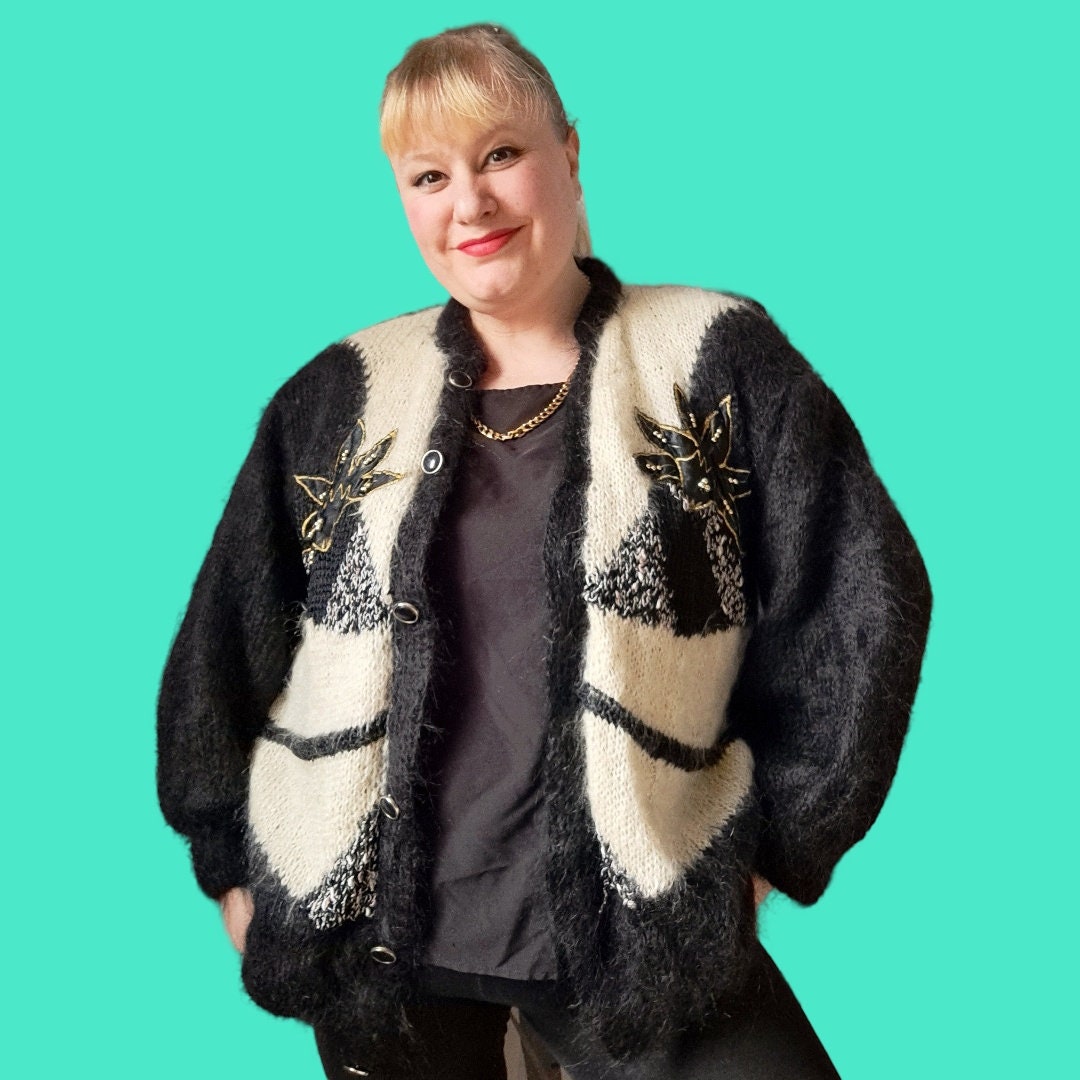 Chunky 1980s Vintage Mohair Knit Black Cardigan With Gold