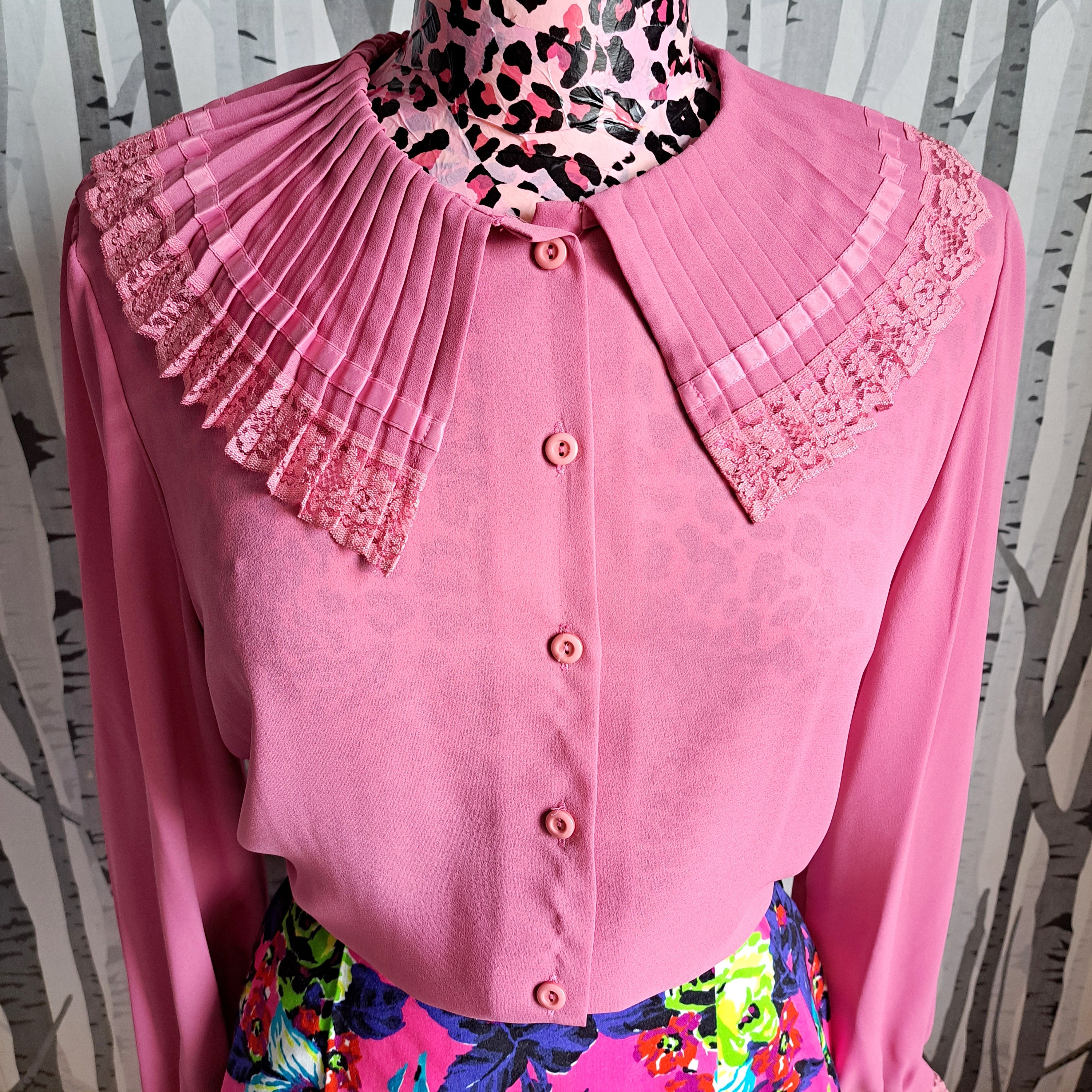 Vintage 70s Pink Ruffle Collar Blouse: Lace Frill Cuffs, UK Size 