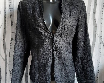 Fabulous black crushed fabric trophy jacket.  1980s vintage long sleeved blazer with bead details by Albert Nipon. UK size 12