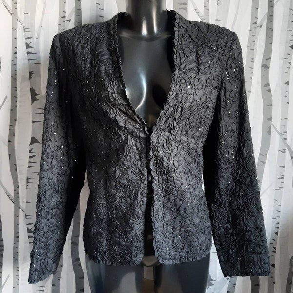 Fabulous black crushed fabric trophy jacket.  1980s vintage long sleeved blazer with bead details by Albert Nipon. UK size 12