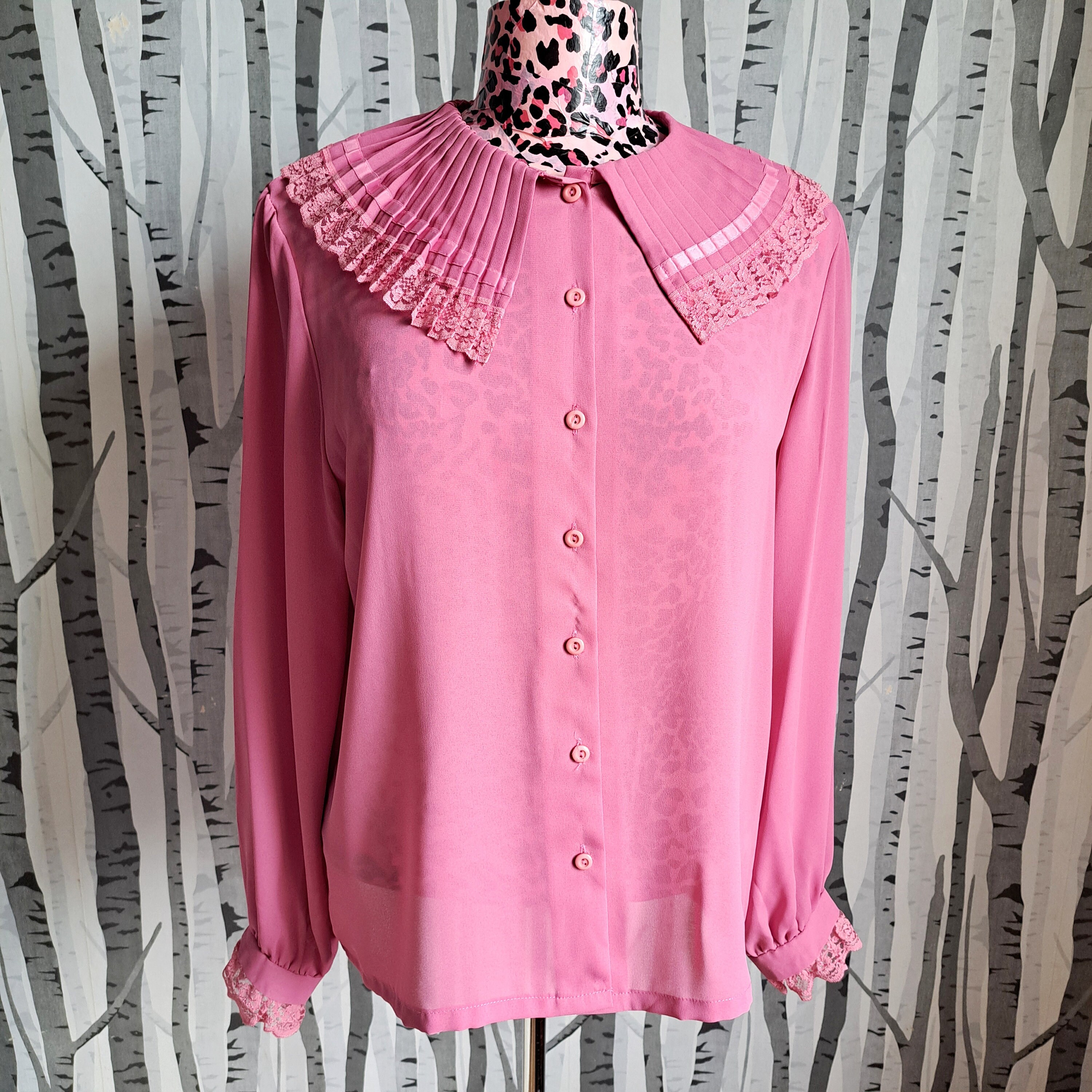 Vintage 70s Pink Ruffle Collar Blouse: Lace Frill Cuffs, UK Size 12/14 ...