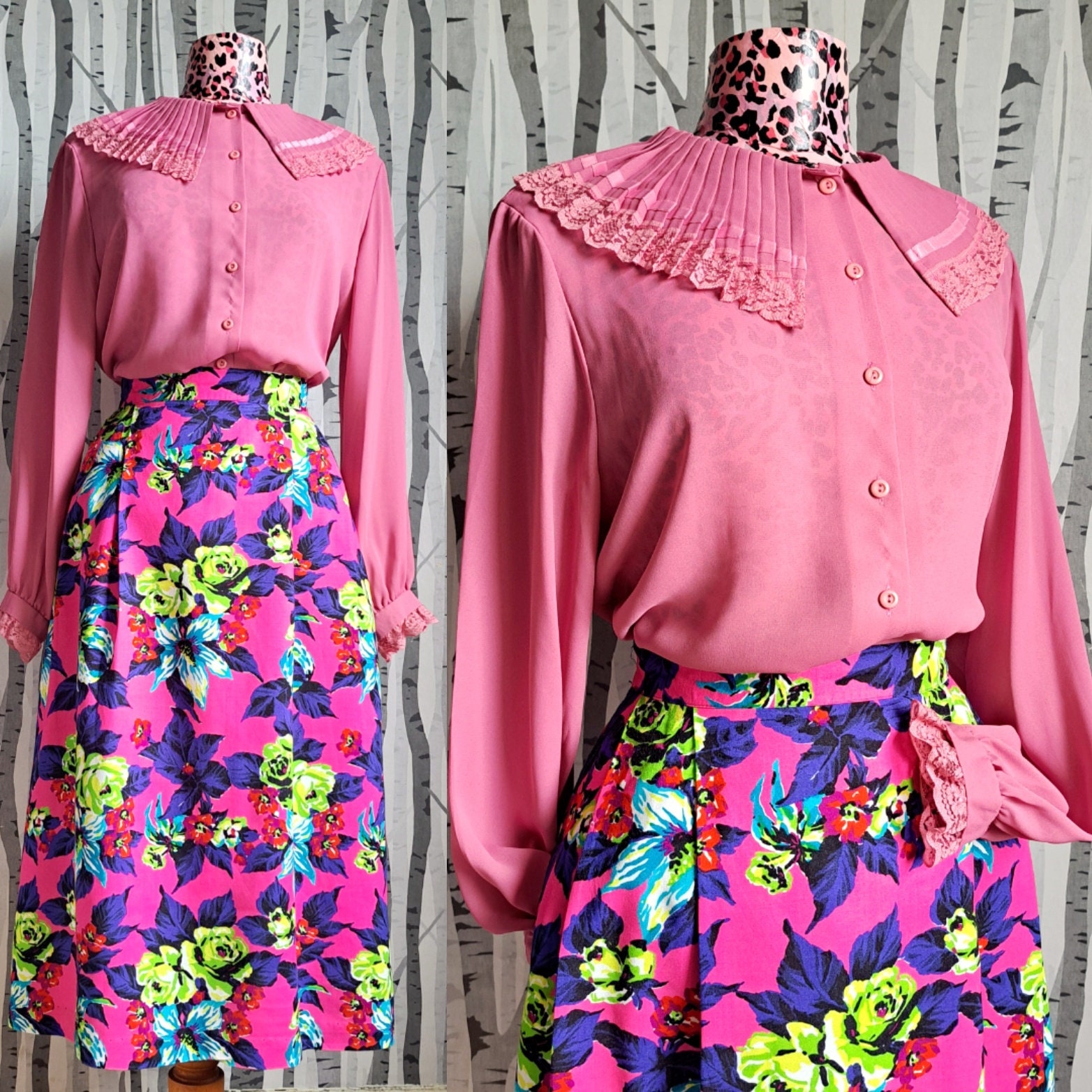 Vintage 70s Pink Ruffle Collar Blouse: Lace Frill Cuffs, UK Size 