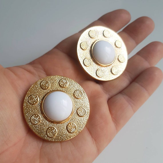 White enamel and gold plated clip on earrings by … - image 5