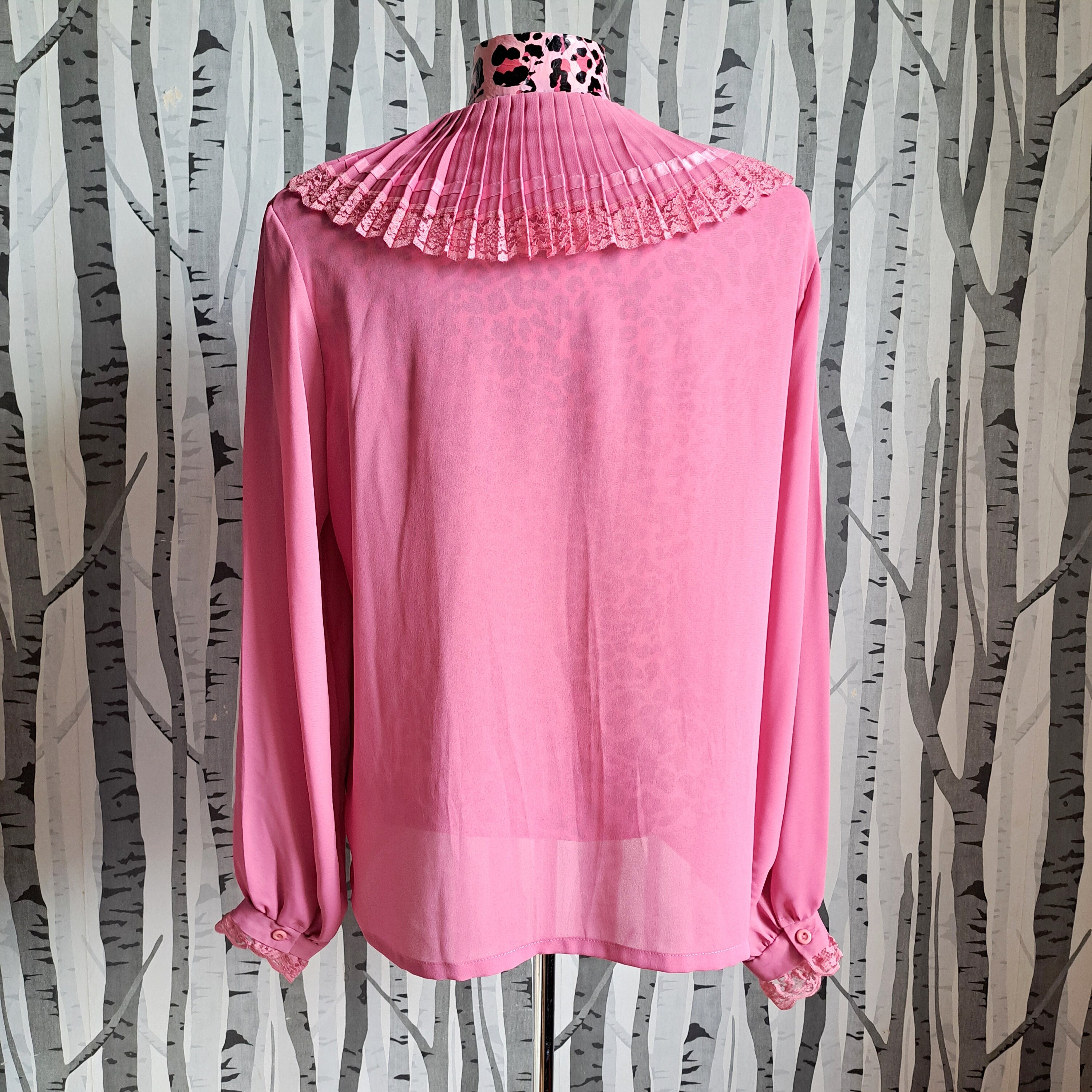 Vintage 70s Pink Ruffle Collar Blouse: Lace Frill Cuffs, UK Size 