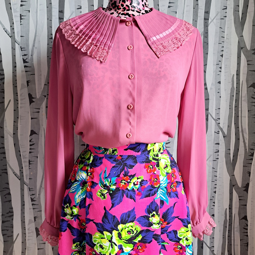 Vintage 70s Pink Ruffle Collar Blouse: Lace Frill Cuffs, UK Size 12/14 ...