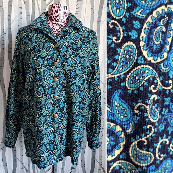 Vintage 1970s cotton micro corduroy shirt with a blue paisley pattern and notched collar. Vintage 70s retro ladies shirt. UK size 14/16