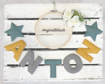 Name necklace, letter garland mint-mustard yellow-grey