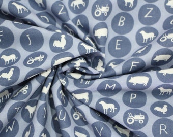 Cotton, blue, white, farm animals, letters, Westphalian fabrics