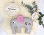 Kuschelelefant, Kissen, Elefant, grau–rosa, mit Name