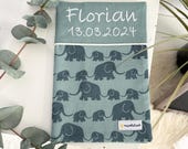 U-Hefthülle, Hülle aus Stoff mit Stickerei "Florian", mint-grün, Elefanten