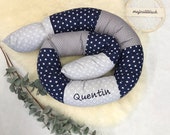 Cuddly roll with name, bed snake 180 x 11 cm, maritim, stars, grey blue