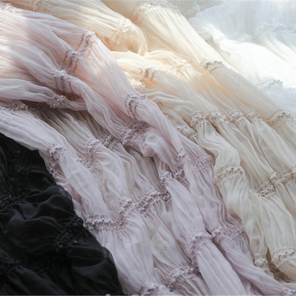 Pleated Chiffon Lace Fabric Tulle Lace Mesh Stretchable for Girl Dress Party Gown Bridal Dress Doll Dress Craft Curtain