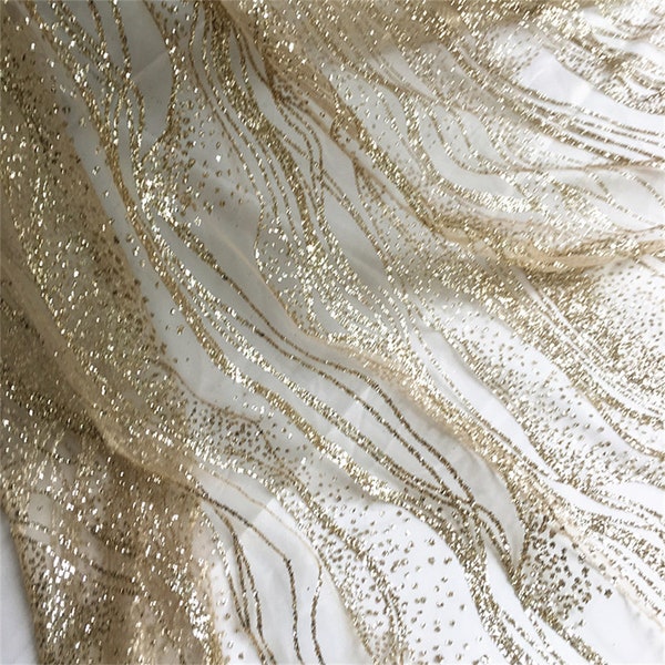 Wave Glitter Lace Fabric Soft Tulle Lace Mesh avec strass pour Fille Robe de fête Robe de mariée Robe de mariée Voile Costume Design DIY