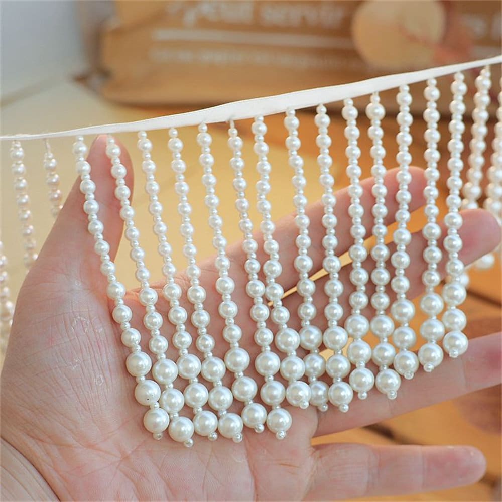 MECCANIXITY 5 Yards Faux Pearls Lace Ribbon Pearl Bead Tassel Applique  Pearl Fringe for Wedding Party Sash Ribbon Hair Clothes Decoration 12mm  Wide
