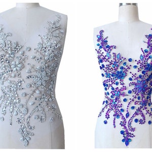 Sparkling Bodice Rhinestone Appliques Lace Applique with Beads Sequin for Bridal Couture Dress Dance Embellishment