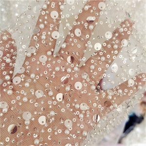 Heavy Beads Lace Fabric with Sequin Pearl Tulle Trims for Bridal Wedding Dress Gown Veil Embellishment Craft
