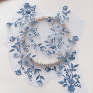 Blue Pink Lace Applique Flower Embroidery Lace Patch for Bridal Couture Ball Dress Embellishment Craft 1 Pair