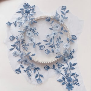 Blue Lace Applique Flower Embroidery Lace Patch for Bridal Couture Ball Dress Embellishment Craft 1 Pair