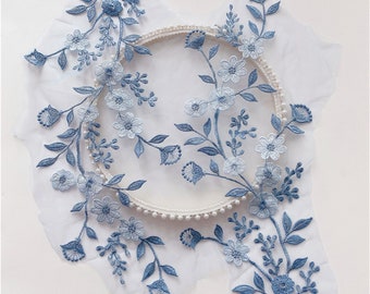 Toppa in pizzo ricamato a fiori con applicazioni in pizzo blu per abbellimento di abiti da ballo di alta moda da sposa, 1 paio